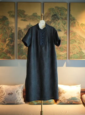 蓝大原创女装改良旗袍刺绣立领短袖真丝香云纱黑色显瘦连衣裙7653