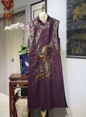 蓝大原创女装国风重工刺绣立领真丝龟裂纹长款紫色无袖连衣裙5482