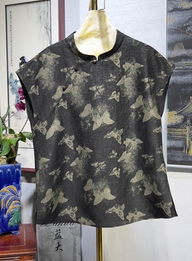 蓝大原创女装经典黑色蝴蝶斜襟盘扣立领真丝龟裂纹包袖上衣7914