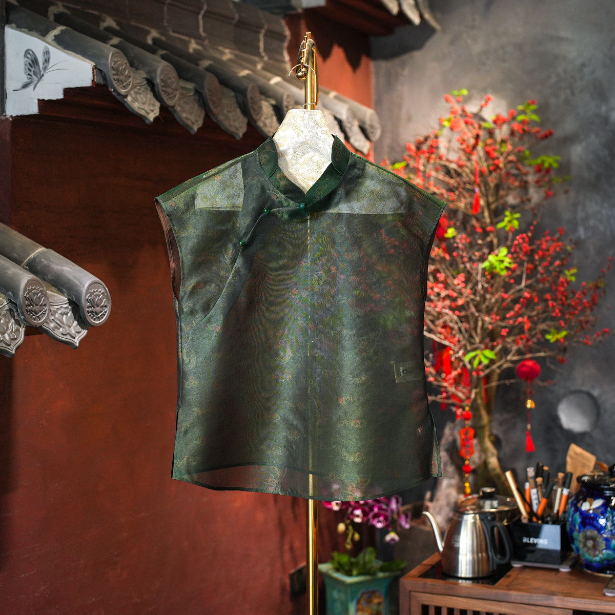 蓝大原创女装新中式立领短袖桑蚕丝绿色显白透视宽松薄款上衣4143