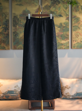 蓝大原创女装黑色显瘦松紧腰真丝香云纱阔腿长裤简约休闲裤5584