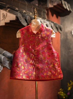 蓝大原创女装喜庆回门红色立领大码桑蚕丝宋锦新中式百搭马夹5649