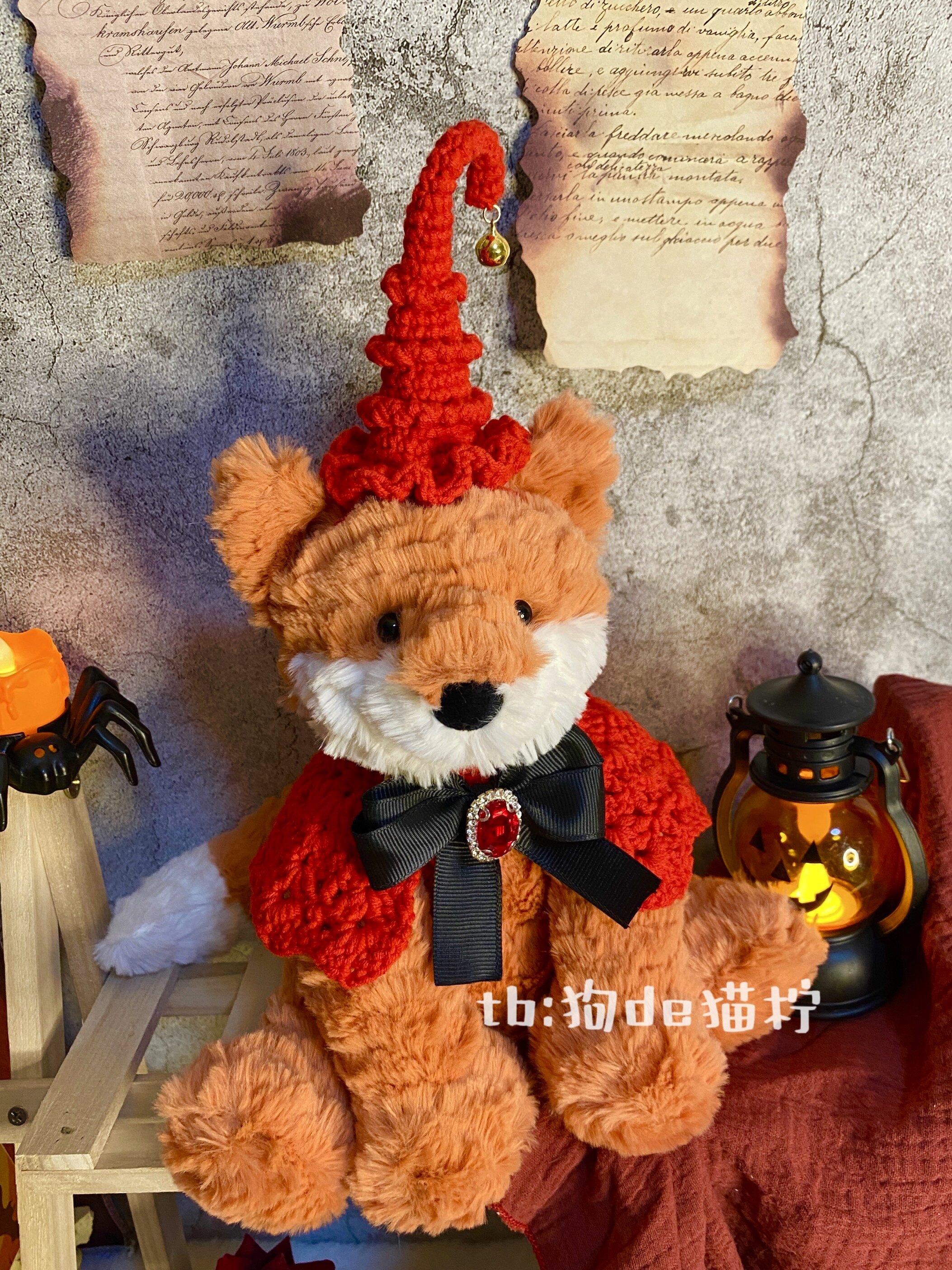 Jc23cm 波浪毛狐狸万圣节女巫玩偶服装帽子围脖小狐狸猫佩戴定制