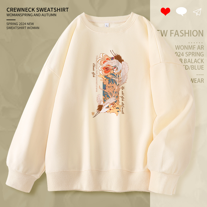 国风圆领卫衣女春秋薄上衣初中生春季2024年新款宽松女装早春外套