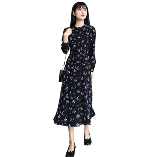 碎花雪纺连衣裙女长袖2021年春夏新款收腰过膝中长款韩版显瘦裙子