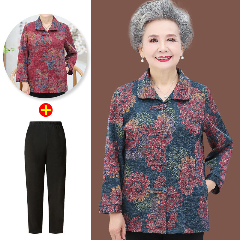 奶奶春秋装长袖衬衫外套女装薄款上衣60-70-80岁中老年人妈妈套装