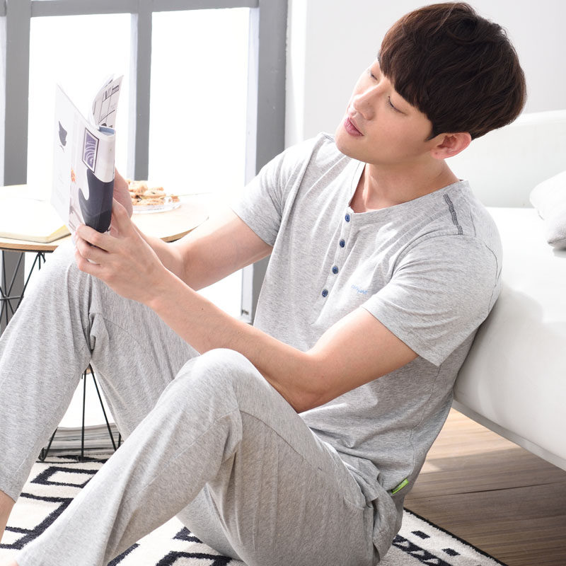 可外穿睡衣男士夏季纯棉短袖长裤薄款青年休闲男款家居服夏天套装