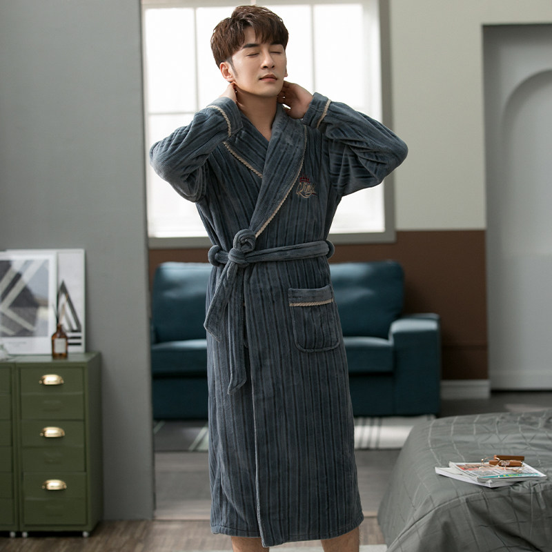 珊瑚绒睡袍男士冬季加厚中长款法兰绒浴袍大码秋冬季连体加绒睡衣