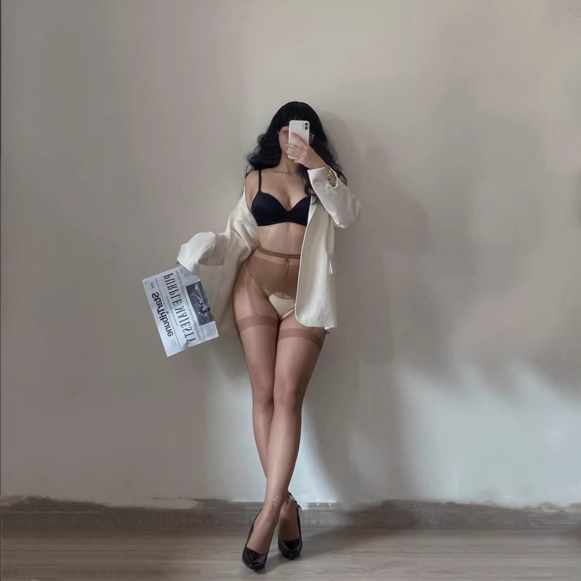 加大码红色吊带开档连裤袜黑丝女