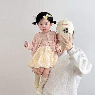 婴儿包屁衣套装玫瑰女宝宝连体春装洋气新款针织外套两件套包屁裙