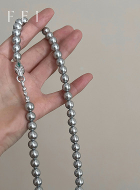 灰色珍珠项链真多麻银色镶钻颈链