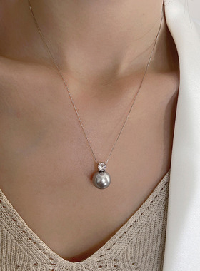 戴妃真多麻灰色珍珠项链单颗四爪钻石吊坠颈链女款2025新款锁骨链