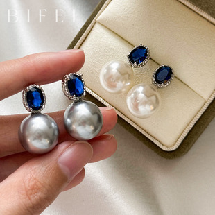 蓝宝石澳白珍珠耳环10mm灰色真多麻耳钉2025新款耳饰女士轻奢气质