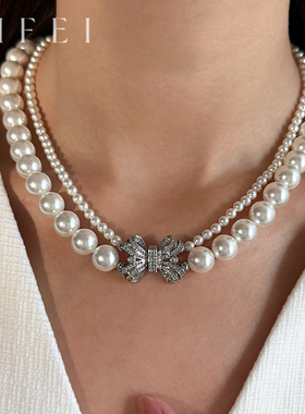 锆石蝴蝶结澳白珍珠项链2025新款大小双层叠戴颈链锁骨链女高级感