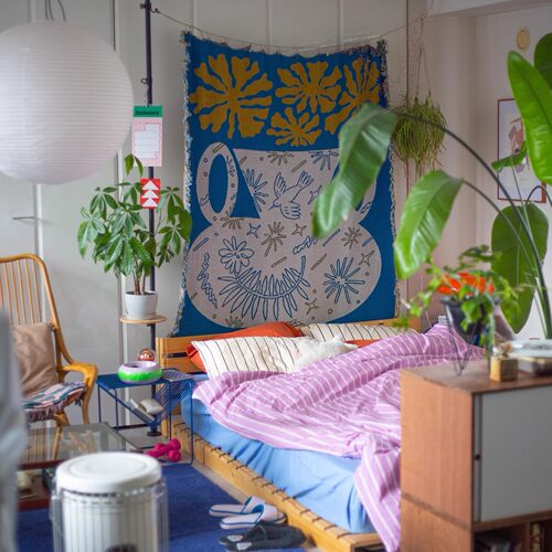 日本韩国家居博主挂毯ins蓝色系艺术装饰毯设计师小鸟花瓶