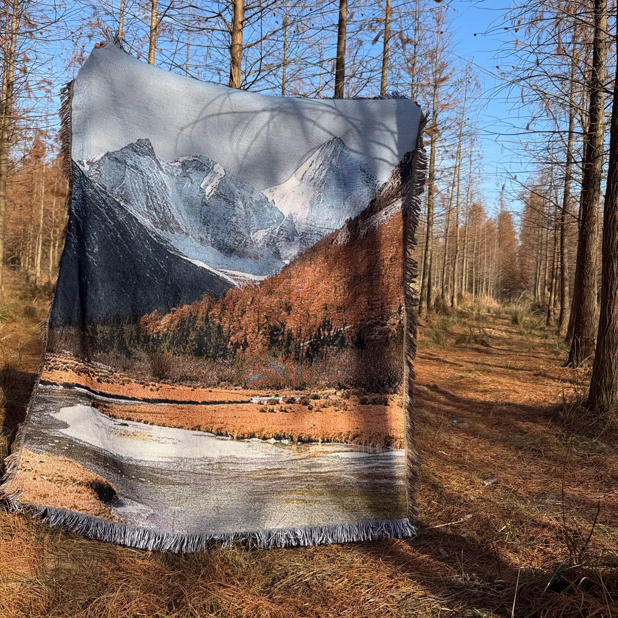 艺术自然风光油画风景挂毯稻城亚丁秋景旅行雪山装饰毯DIY画框毯