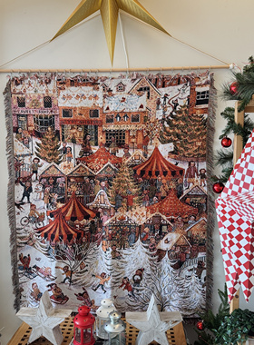 氛围感布置 2025暖棕色系圣诞市集复古风格咖啡店温馨小镇挂毯