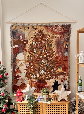 外贸订单 治愈系节日氛围感复古白熊圣诞节礼物挂毯装饰毯