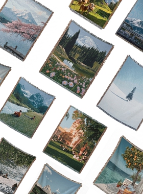 治愈系寝室布置INS韩式卧室慵懒艺术自然风光盖毯风景挂毯装饰毯