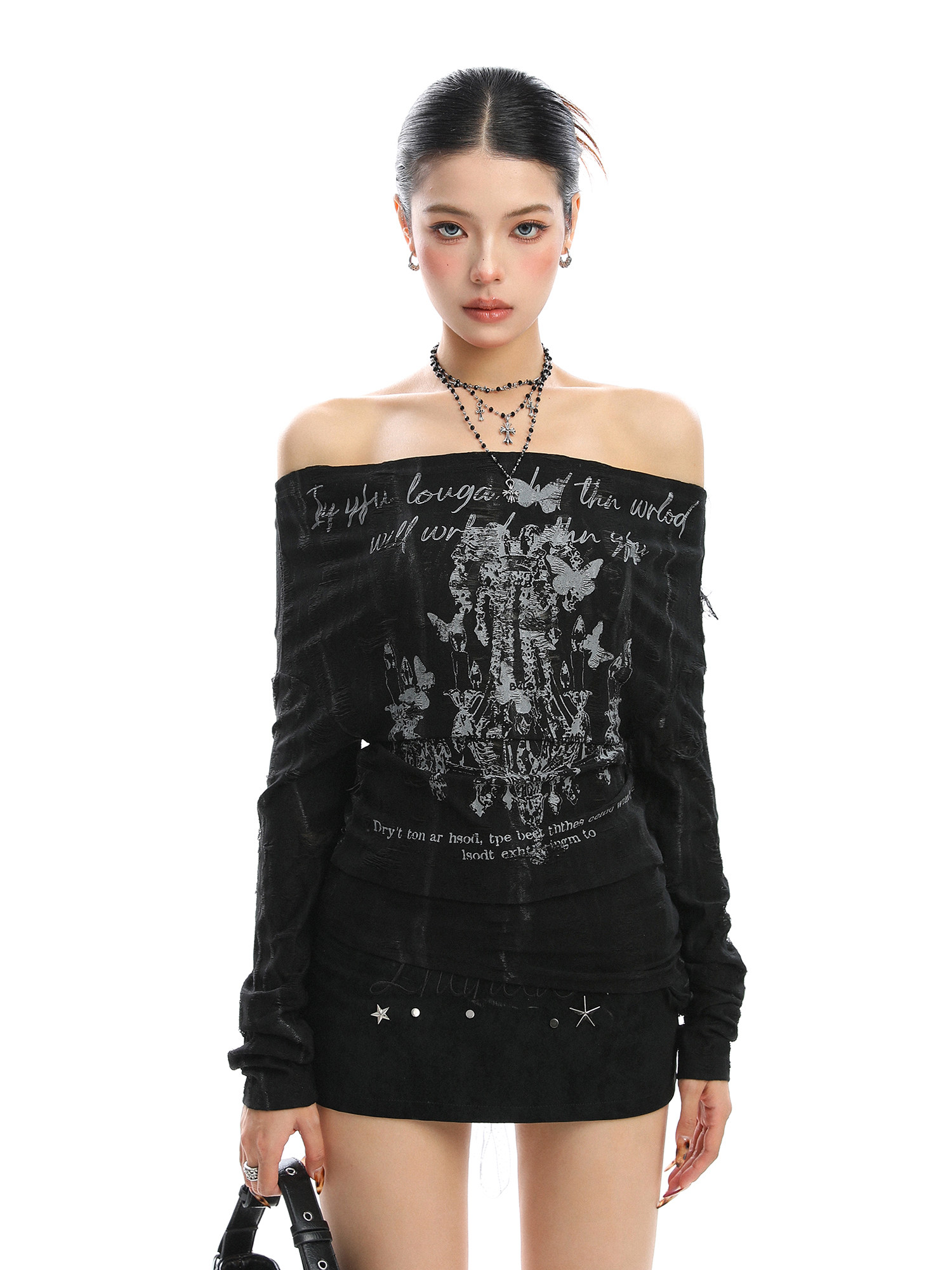 thumbnail for BIGGOLD light Asian style graffiti one-shoulder long sleeve T-shirt women's autumn back strap dark black inner top trend