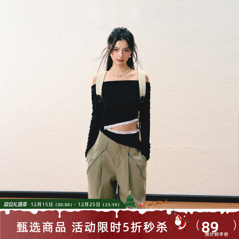 7Shiftin原创设计纯欲风一字肩网纱T恤蕾丝长袖打底辣妹风上衣女