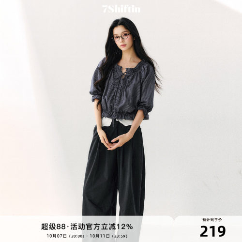 7Shiftin 原创设计格纹泡泡袖休闲上衣收腰系带短袖简约棉质T恤女