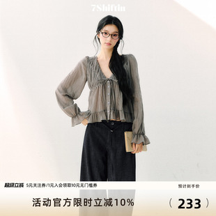7Shiftin原创设计纯欲风荷叶边长袖柔和宽松雪纺衫V领透气上衣女