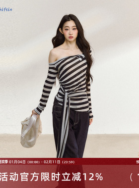 7Shiftin 原创设计感斜肩系带条纹长袖T恤秋季新款打底露肩上衣女