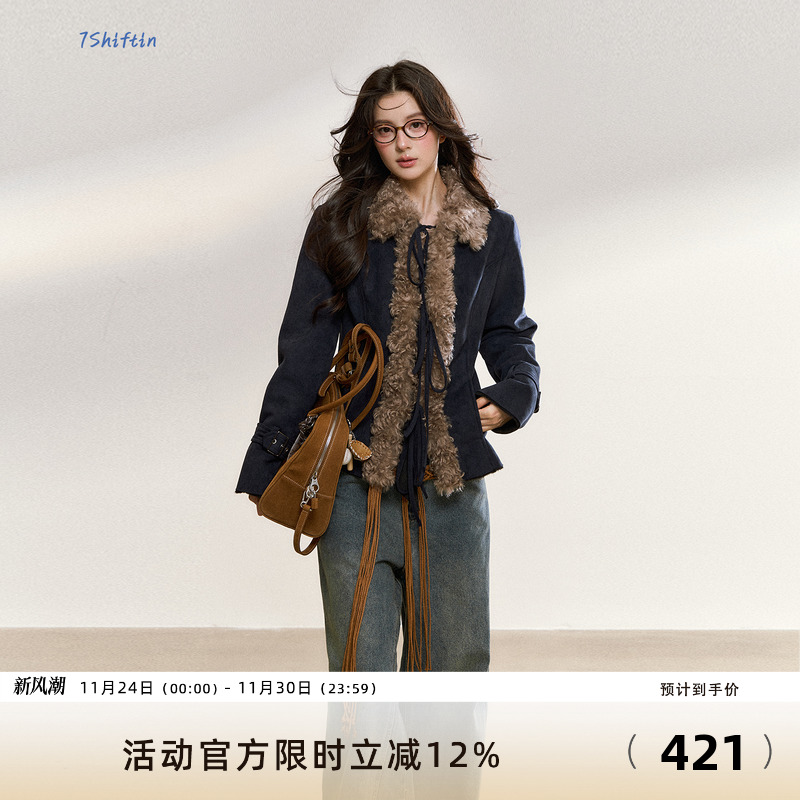 7Shiftin 原创秋冬款辣妹气质高级感修身短外套复古毛领夹克上衣