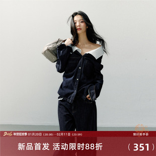 7Shiftin 原创设计新款长袖休闲一字肩短外套深蓝色牛仔衬衫上衣