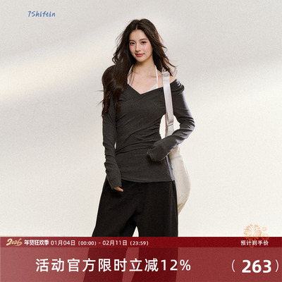 7Shiftin 原创设计交叉一字肩v领长袖辣妹修身打底T恤假两件上衣