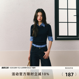 修身 7Shiftin原创设计夏季 新款 圆领长袖 女 毛衣蓝色搭配格纹衬衫