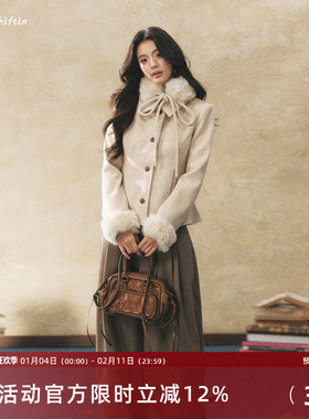 7Shiftin 原创设计可拆卸毛毛领燕麦色围巾毛呢外套冬季短款外衣