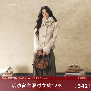 7Shiftin 原创设计可拆卸毛毛领燕麦色围巾毛呢外套冬季短款外衣