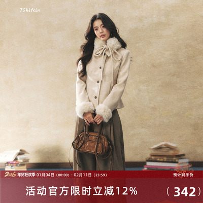 7Shiftin 原创设计可拆卸毛毛领燕麦色围巾毛呢外套冬季短款外衣