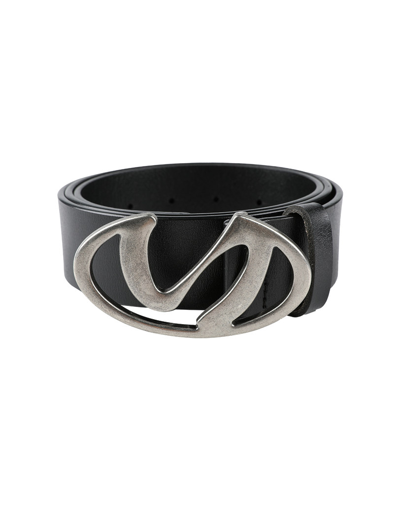 Black leather belt with a silver buckle on a white background
