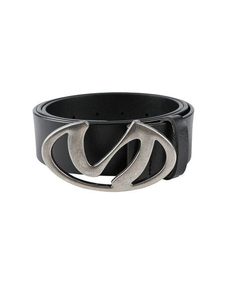 Black leather belt with a silver buckle on a white background