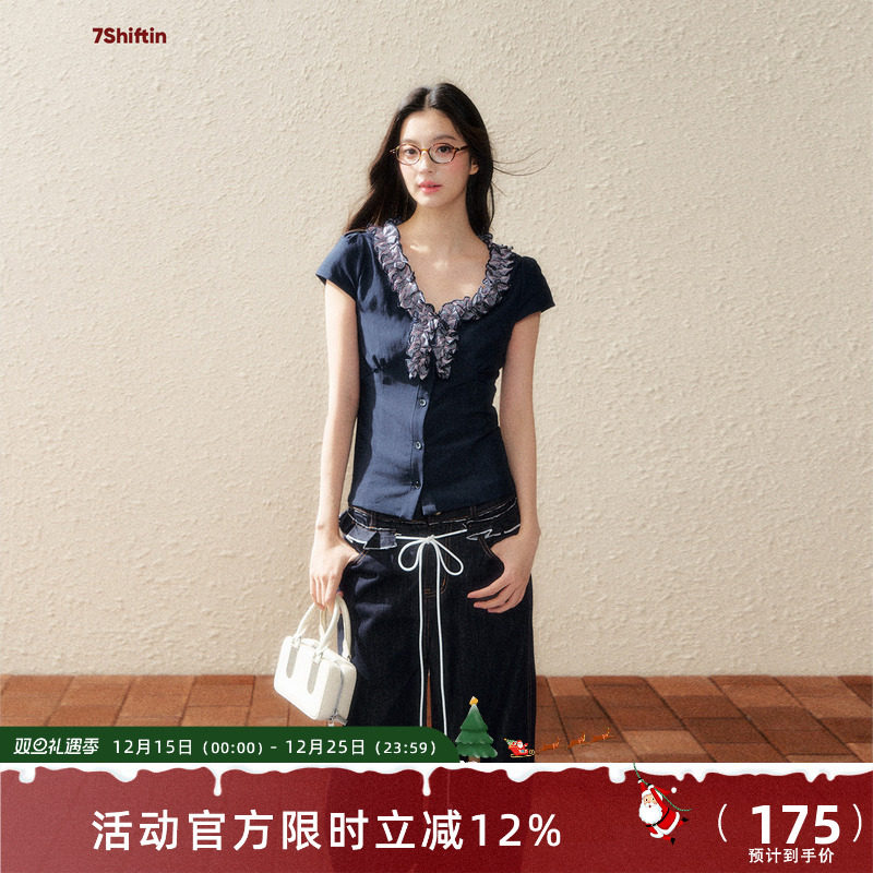 7Shiftin 原创设计藏蓝色蕾丝花边短袖衬衫针织T恤收腰显瘦上衣女