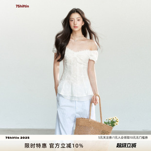 蕾丝花边短袖 7Shiftin 白色一字肩法式 原创设计夏季 T恤上衣女 新款