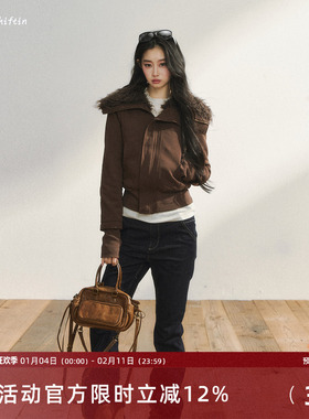 7Shiftin 原创设计秋冬款短款收腰显瘦毛绒外套拉链翻领休闲上衣