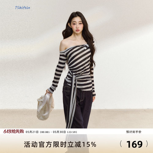 7Shiftin 原创设计感斜肩系带条纹长袖T恤秋季新款打底露肩上衣女