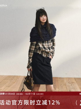 7Shiftin 原创设计复古小众长袖格纹收腰衬衫拼色落肩衬衫外套女