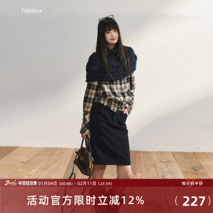 7Shiftin 原创设计复古小众长袖格纹收腰衬衫拼色落肩衬衫外套女