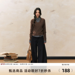女 复古学院风叠穿棕色毛衣搭配衬衫 7Shiftin 原创设计秋冬新款