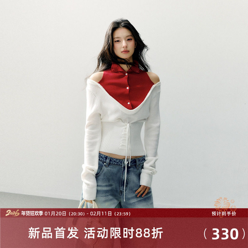 7Shiftin 原创设计红色拼接长袖针织衫女春款修身内搭假两件上衣,女装/女士精品,毛针织衫,淘宝优惠券,粉丝福利购,淘宝优惠卷