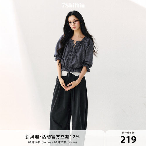 7Shiftin 原创设计格纹泡泡袖休闲上衣收腰系带短袖简约棉质T恤女