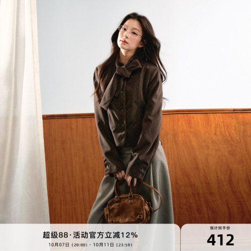 7Shiftin原创设计美拉德学院风波点上衣一体式蝴蝶结系带收腰外套
