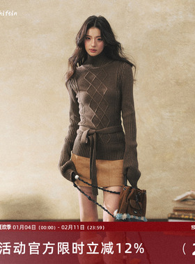 7Shiftin 原创设计双色高领长袖腰带针织毛衣冬季慵懒风收腰上衣