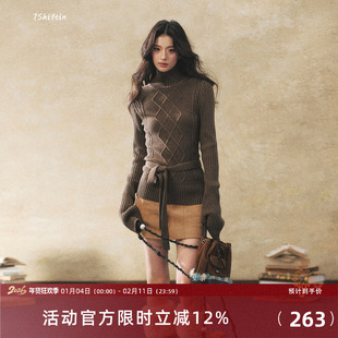 7Shiftin 原创设计双色高领长袖腰带针织毛衣冬季慵懒风收腰上衣