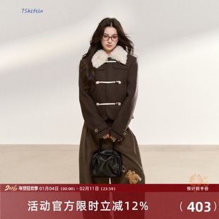 7Shiftin 原创秋冬款棕色修身牛角扣拼接夹棉毛领外套女短款上衣